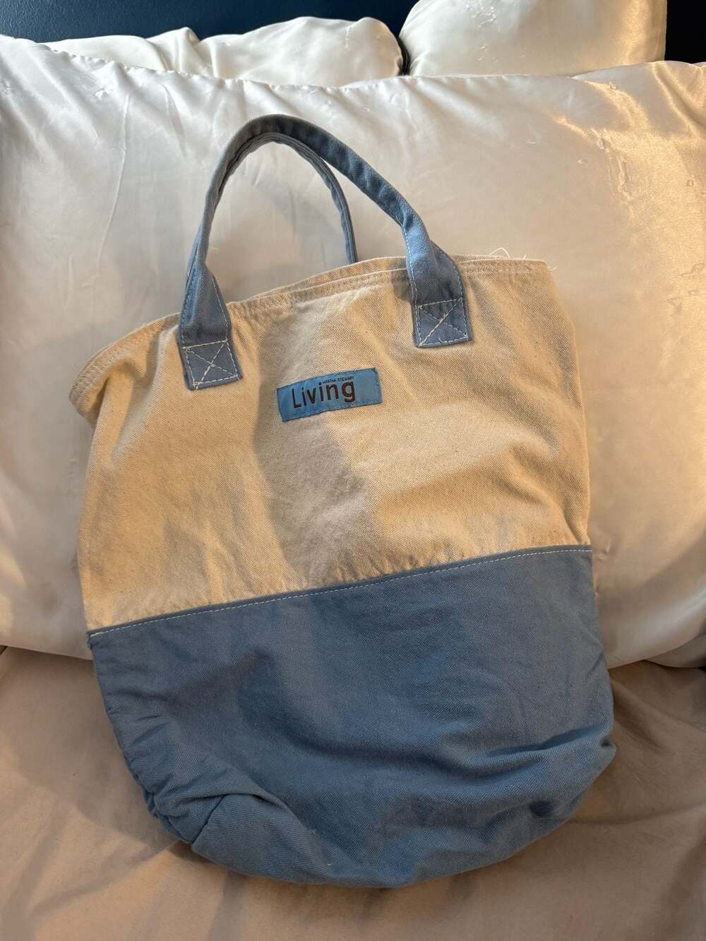 Vintage Martha Stewart Living Blue and Cream Canvas Two-Tone Tote Bag